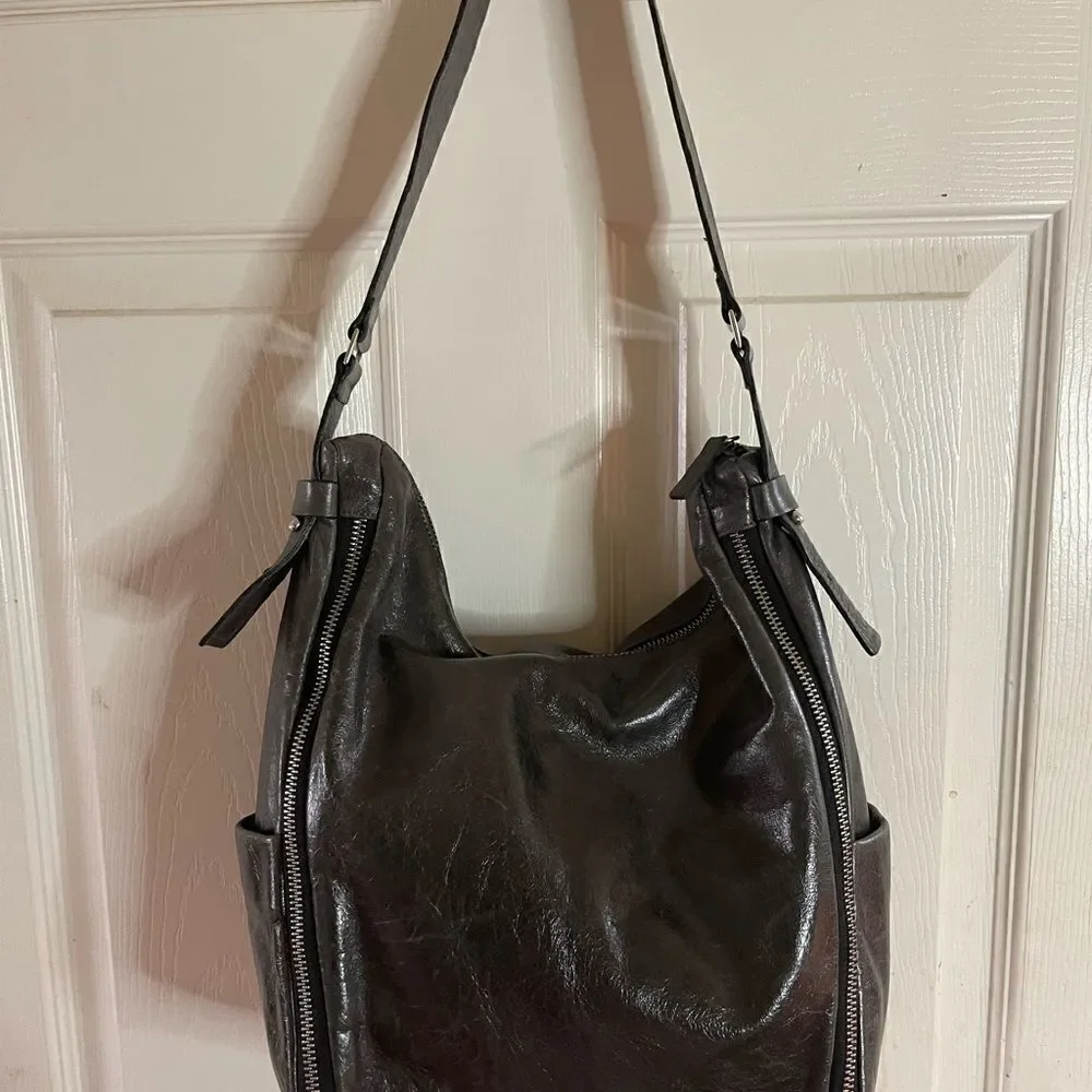 Arcadia gray Italian soft leather shoulder bag with extended silver tone…